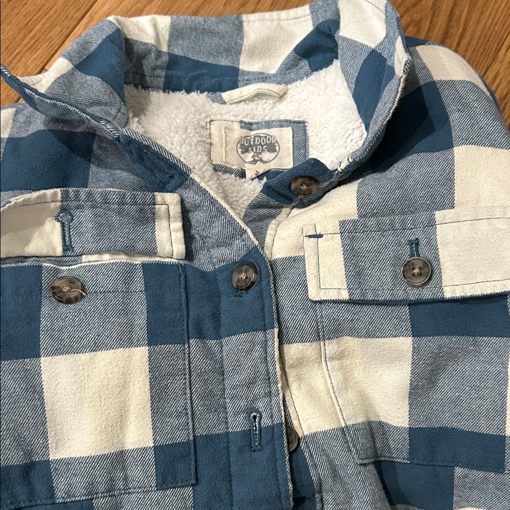 Outdoor Kids Blue and White Plaid Sherpa-Lined Button-Up Jacket Size Medium